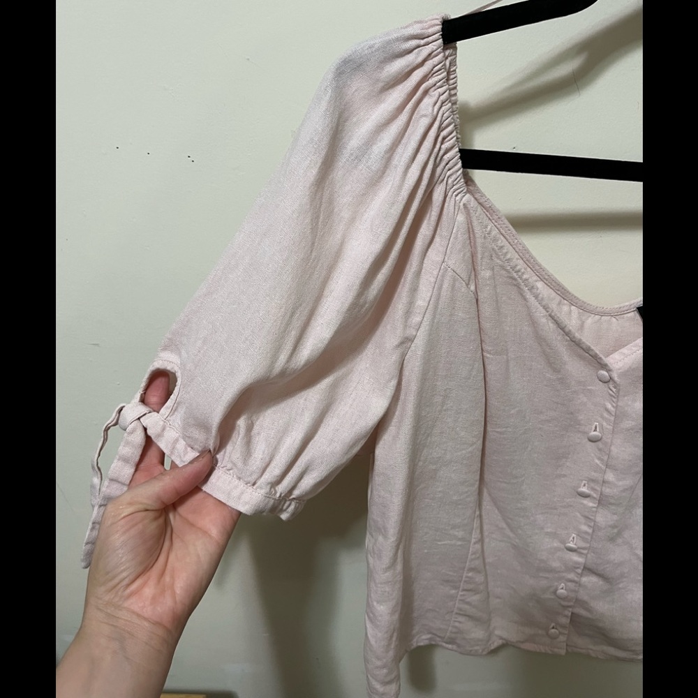 Express Linen Blend Puff Sleeve Blouse Top in Pale Pink Women’s Size XL - Picture 3 of 10